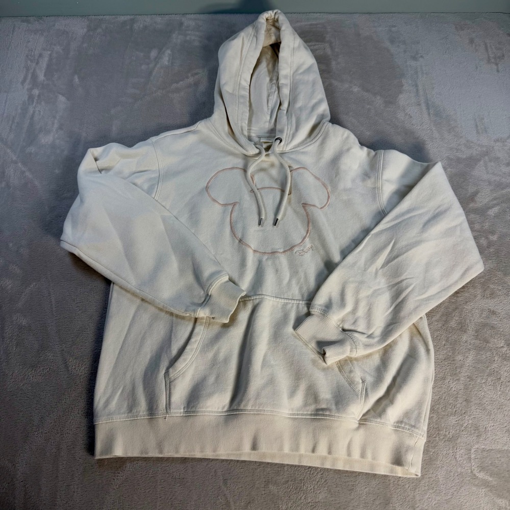 H&M Disney Mickey Mouse Hoodie Womens M Cream Cotton Blend Sweatshirt Pullover